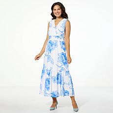"As Is" Nina Leonard Printed Chiffon Smocked Waist Maxi Dress