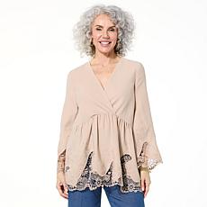 "As Is" Nina Leonard Surplice Neck Bell Sleeve Hi-Low Top