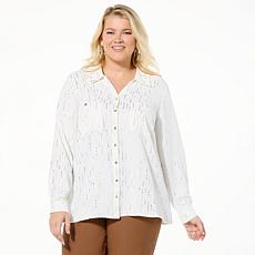 "As Is" Nina Leonard Textured Wave Foil Print Button Down Top