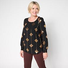 "As Is" Nina Leonard Textured Wave Sequined Balloon Sleeve Top