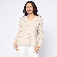 "As Is" TWRHLL by Christie Brinkley Embellished Cable Knit Sweater