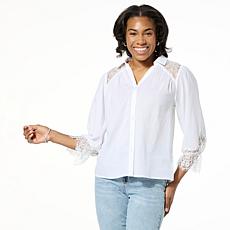 "As Is" TWRHLL by Christie Brinkley Lace Sleeve Button-Down Top