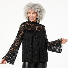 "As Is" TWRHLL by Christie Brinkley Sequined Lace Bell Sleeve Blouse