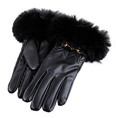 "As Is" Vince Camuto Faux Fur-Trimmed Faux Leather Gloves with Buck...