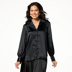 "As Is" WynneCollection Lapel Collar Satin Tuxedo Shirt