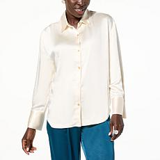 "As Is" WynneLayers Printed Satin Button-Down Shirt with Cuff Detail