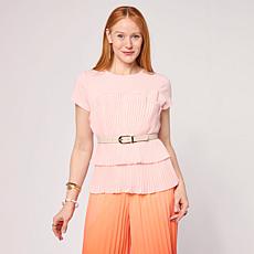 C Wonder Short-Sleeve Layered Hem Pleated Tee