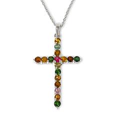 Colleen Lopez Sterling Silver Gemstone Cross Pendant with 18" Chain