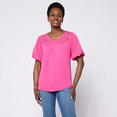 DG2 by Diane Gilman Cotton Modal Lace Yoke Bubble Sleeve Top
