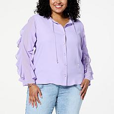 DG2 by Diane Gilman Crepe & Chiffon Ruffle-Sleeve Button-Up Blouse