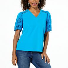 DG2 by Diane Gilman Eyelet Knit Embroidered Sleeve Top