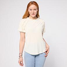 DG2 by Diane Gilman Knit Plisse Short Sleeve Ruffle Top