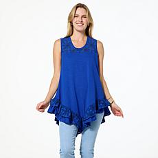 DG2 by Diane Gilman Mixed Media Eyelet Knit Ruffled Tank