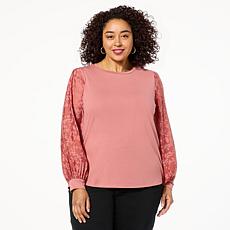 DG2 by
Diane Gilman Mixed Media Knit Top with Floral Burnout Sleeve