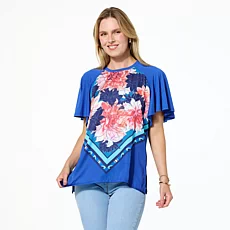 DG2 by Diane Gilman Mixed Media Scarf Printed Flutter Sleeve Top
