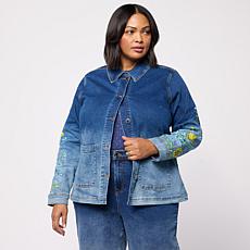 DG2 by Diane Gilman Ombre Dyed Embroidered Sleeve Denim Jacket