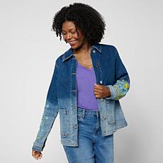 DG2 by Diane Gilman Ombre Dyed Embroidered Sleeve Denim Jacket