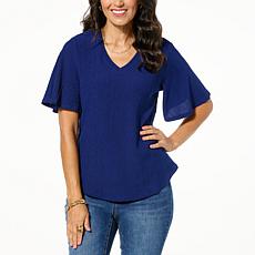 DG2 by Diane Gilman Plissé Knit Flutter-Sleeve V-Neck Top
