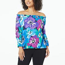 DG2 by Diane Gilman Printed Crepe Off-the-Shoulder Smocked Top