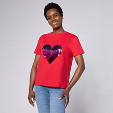 Diane Gilman Cotton Jersey Short Sleeve Heart Embellished Top