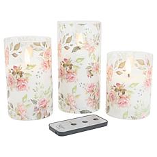 Emryn House Floral Glass Flameless Candles Set of 3 with Remote