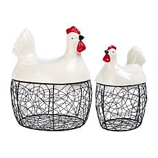 Emryn House Set of 2 Ceramic Hen Iron Baskets