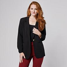 G by Giuliana Ruched-Sleeve Woven Girlfriend Blazer