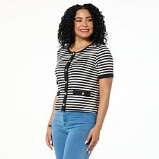 G by Giuliana Striped Ribbed Knit Short Sleeve Cardigan