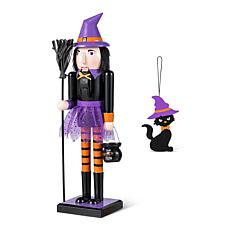 Glitzhome 18.5"H Halloween Wooden Witch Nutcracker w/ Cat Ornament