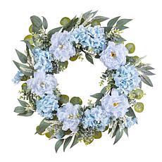 Glitzhome 24" Blue Peony & Hydrangea Floral Wreath with Hanger