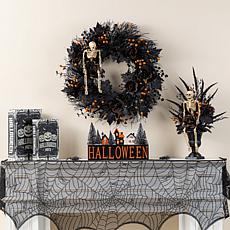 Glitzhome 24"D Halloween Black Rose, Skeleton & Berry Wreath w Hanger