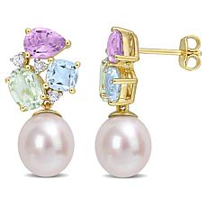 Gold-Plated 9-9.5mm Cultured Freshwater Pearl & Multigemstone Earrings