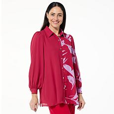 IMAN Global Chic Half-Printed Button-Front Blouse