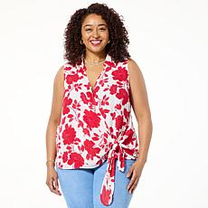 IMAN Global Chic Printed Knit Sleeveless Tie-Front Top with Collar