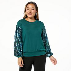 IMAN Global Chic Pullover Sweater with Sequin Sleeves