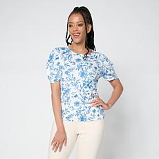 Jaclyn Smith Fine Ribbed Knit Pleated Puff-Sleeve Tee