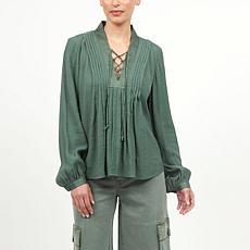 La Joie Micro Crepe Lace-Up Pleated Blouse