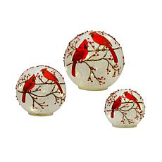 LED 3-piece Frosted Cardinal Orb Set with Berry Branch Design
