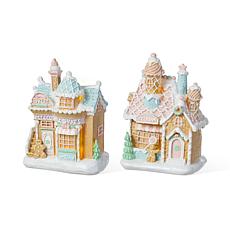 Lighted Christmas Macaron Resin Village Table Decor 2-piece Set
