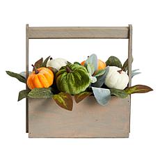 Nearly Natural 10 in. Fall Pumpkin Autumn Arrangement in Wood Basket
