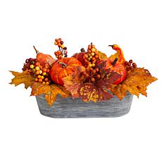 Nearly Natural 12 in. Pumpkin Harvest Arrangement in Washed Vase
