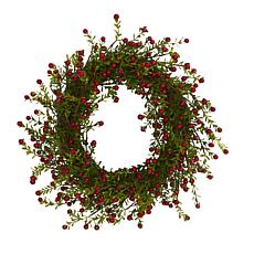Nearly Natural 16 in. Boxwood and Berries Artificial Wreath
