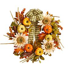 Nearly Natural 24” Fall Pumpkin, Sunflower   Wreath with Décor Ribbon