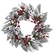 Nearly Natural 24" Snowy Magnolia Berry Artificial Wreath