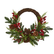 Nearly Natural Pine & Cedar w/Berries & Pine Cones Artificial Wreath
