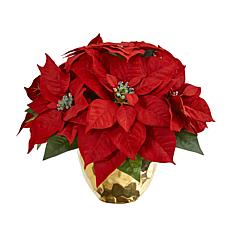 Nearly Natural Poinsettia Artificial Arrangement in Golden Vase