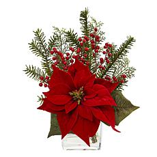 Nearly Natural Poinsettia Pine & Berries Artificial Arrangement w/Vase