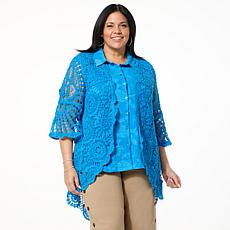 Nina Leonard Bell-Sleeve Open Front Crochet Cardigan