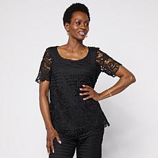 Nina Leonard Border Lace Elbow Sleeve Top