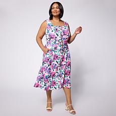 Nina Leonard Button-Front Stretch Linen Sleeveless Dress
